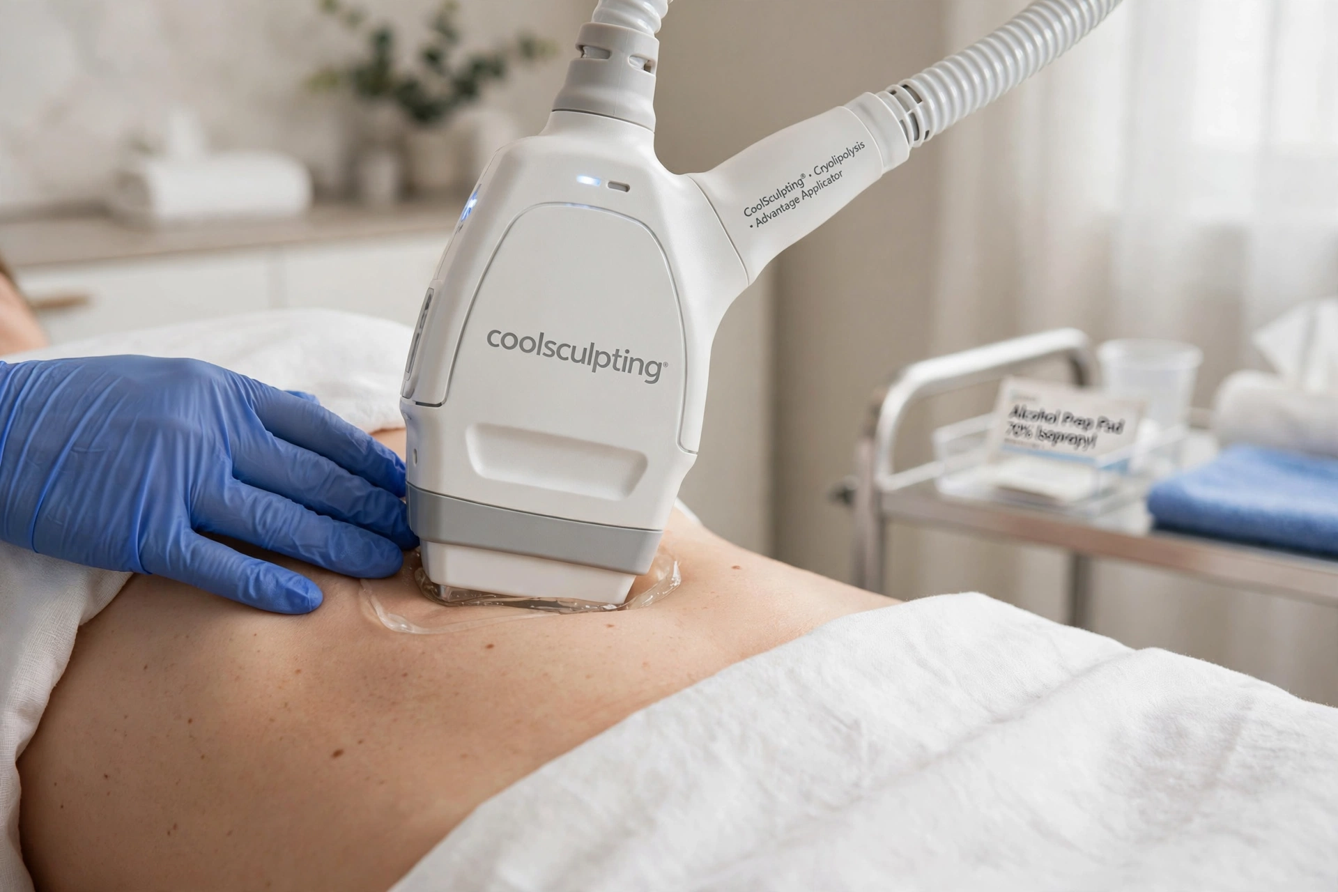 CoolSculpting applicator treating the abdomen during a non-surgical fat freezing session